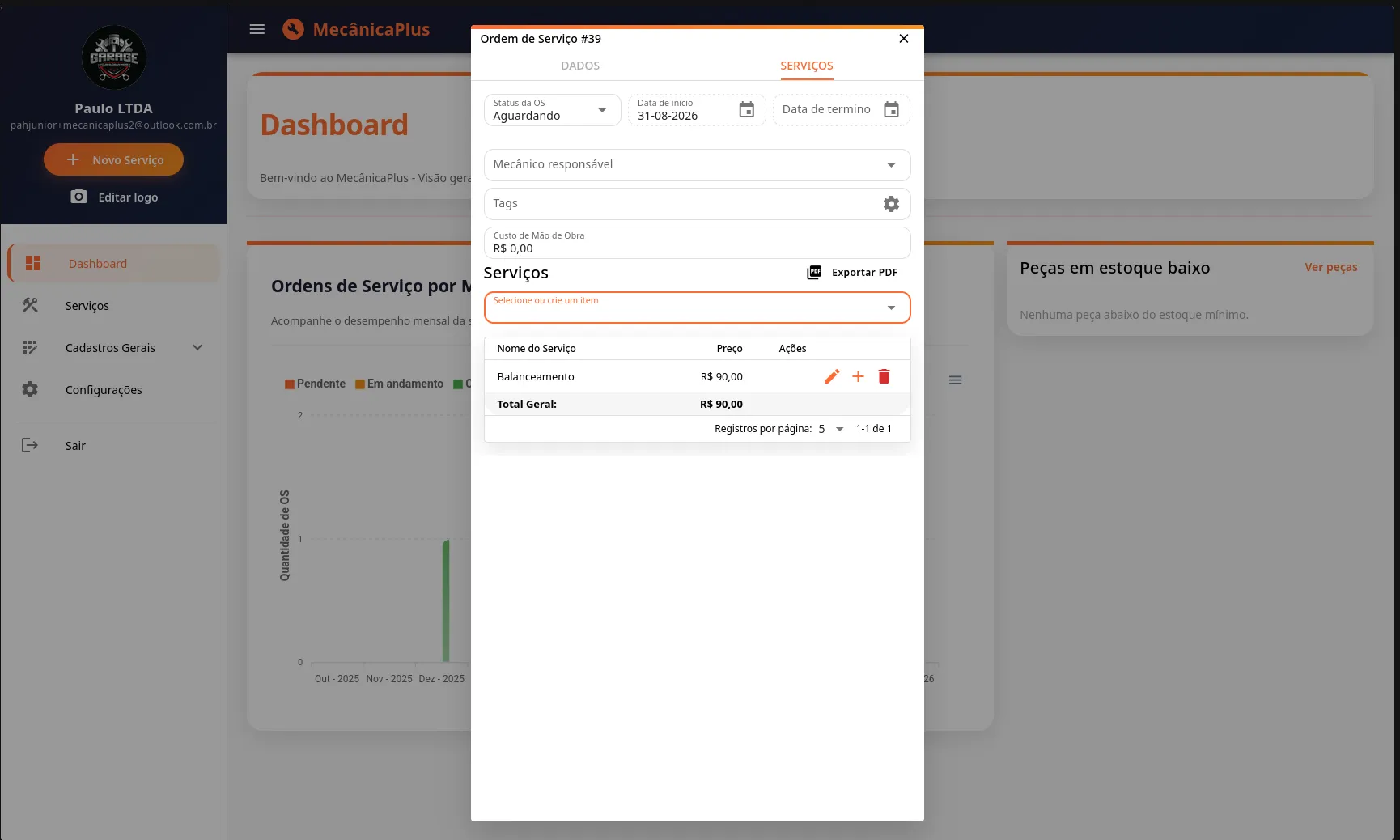 Modal a ordem de serviço com o serviço selecionado