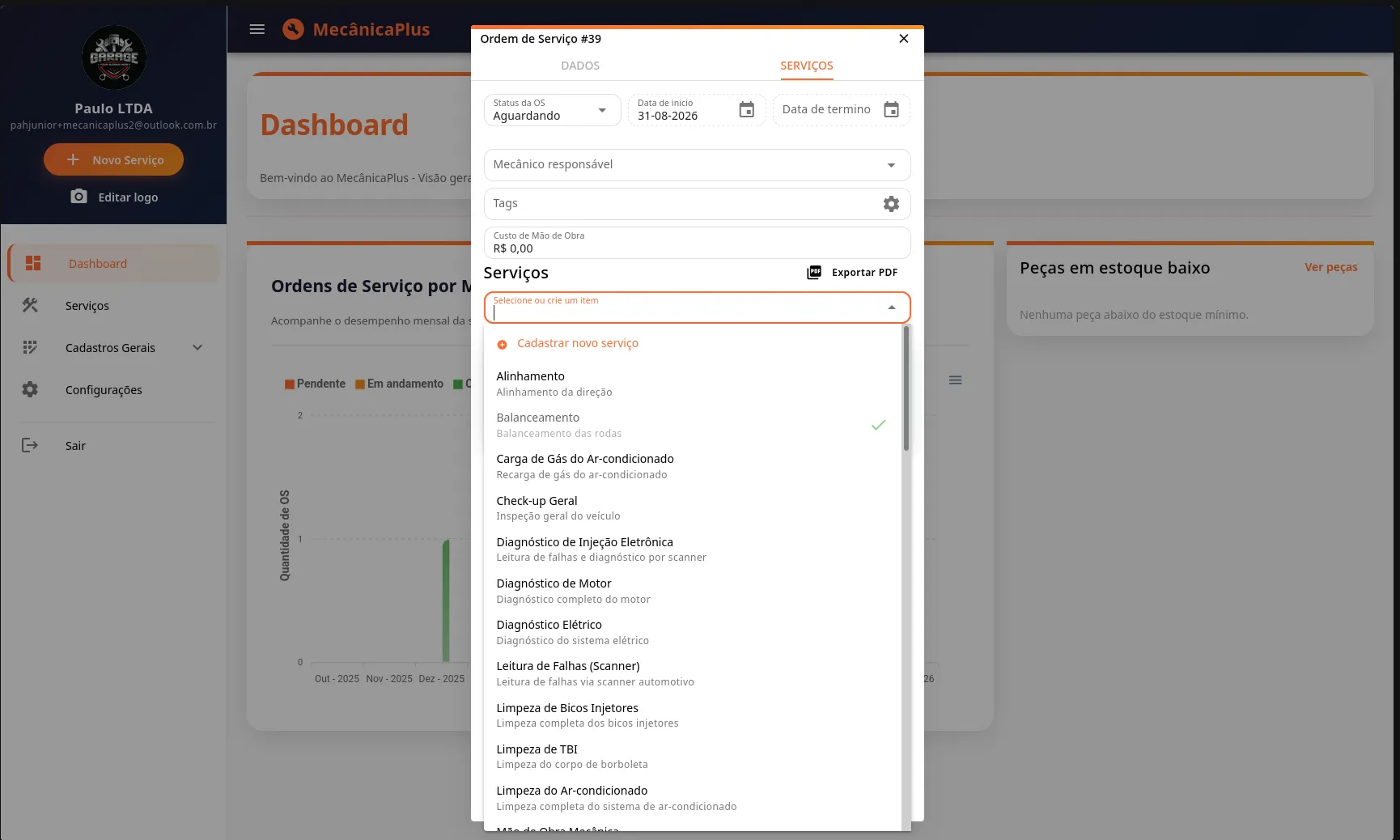 Modal com a lista servicos